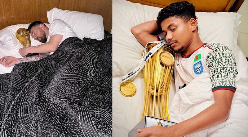 ট্রফি নিয়ে মোরশেদ আলীর মেসির মতো পোজে ছবি