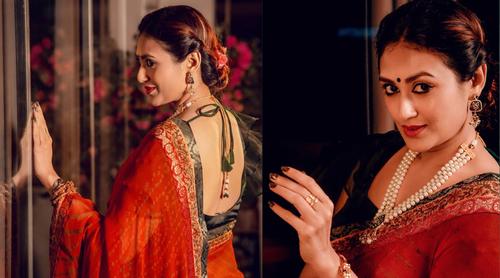 লাল শাড়িতে নজর কাড়লেন কুসুম শিকদার