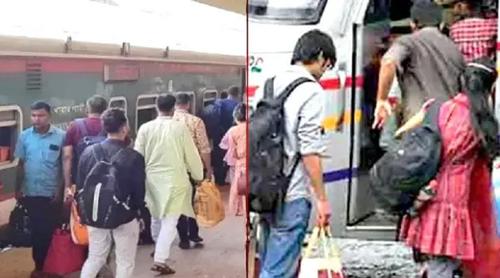 শেষ মুহূর্তে বাস-ট্রেনে ঢাকা ছাড়ছেন কর্মজীবী মানুষ
