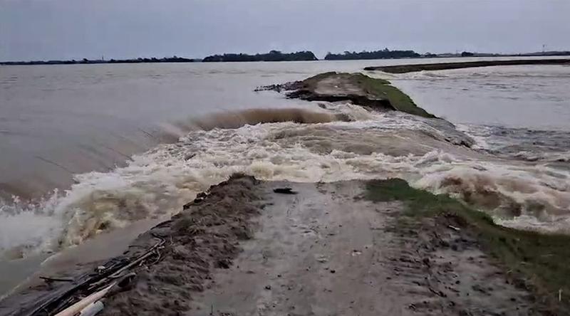 নেত্রকোনায় ফসল রক্ষা বাঁধ ভেঙে হাওরে ঢুকছে পাহাড়ি ঢলের পানি