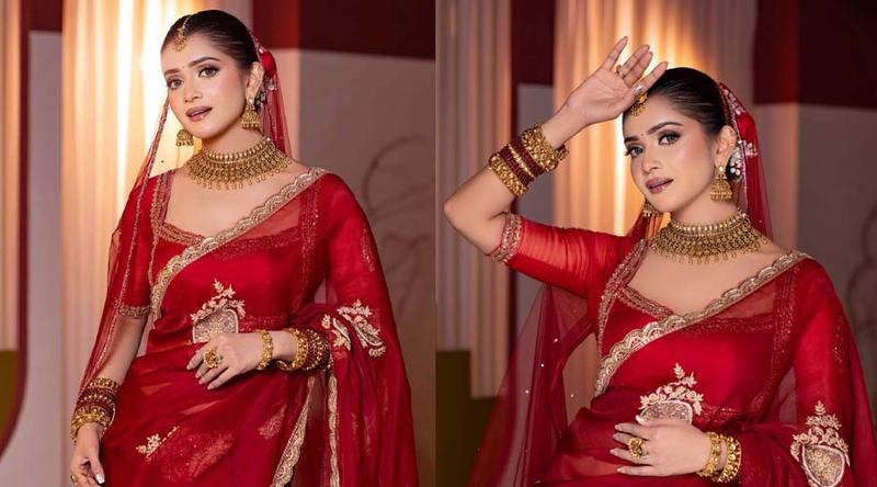 গাঢ় লাল শাড়িতে বধূর সাজে নজর কাড়লেন তানজিন তিশা